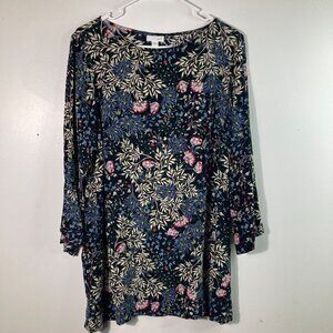 Womens J Jill Floral Tunic‎ 3/4 Sleeve Side Slits Blue White M Rayon